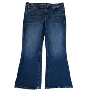 American Eagle Favorite Boyfriend Jean Flare Dark Blue Fade Feathered 16S/34x29